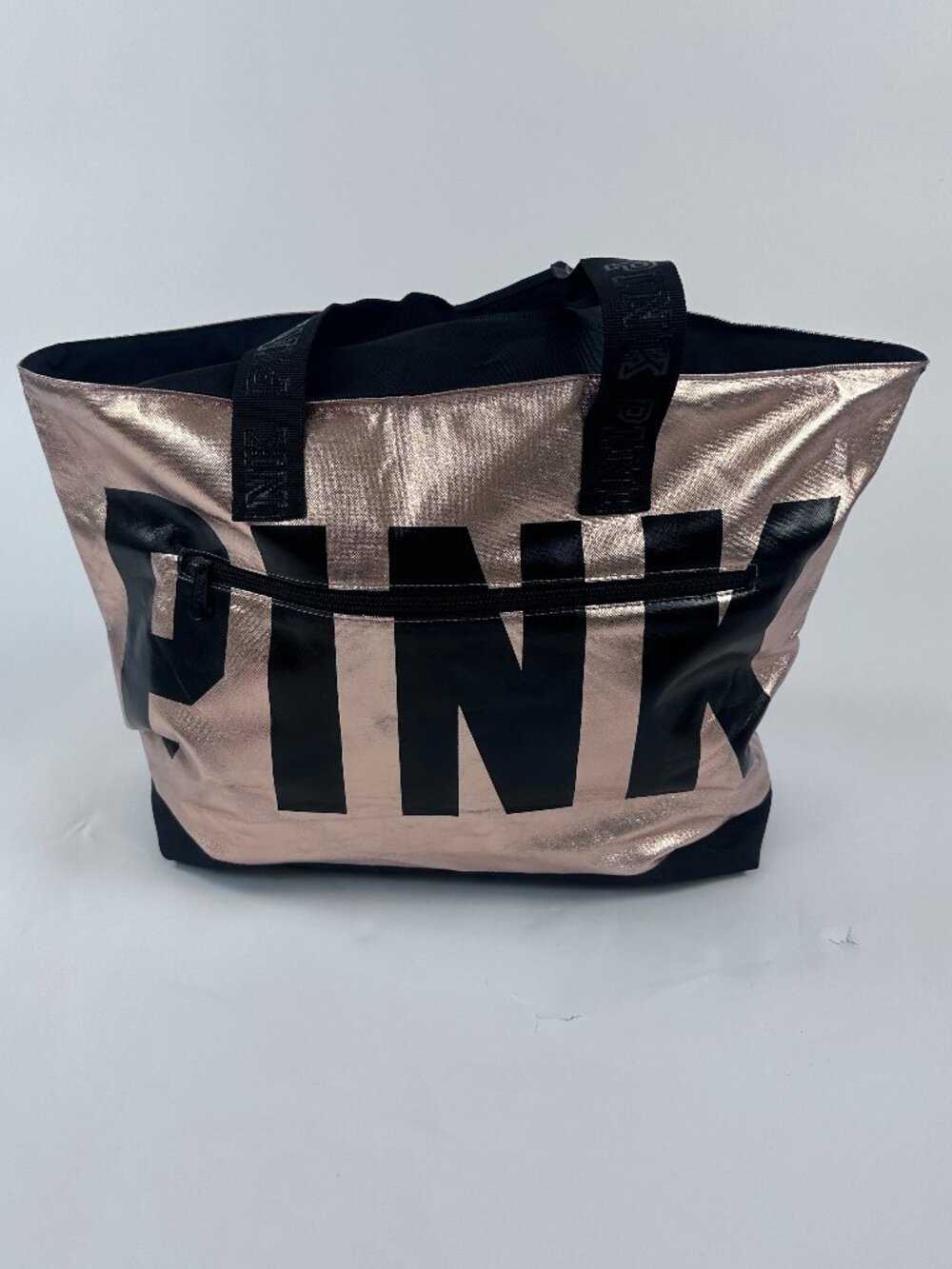VS PINK Rose Gold Metallic Tote Bag Large Gym Travel Beach Zip